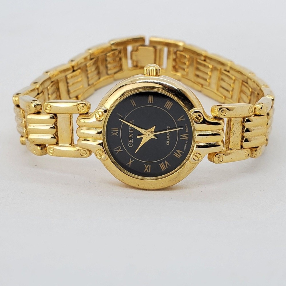 24MM Women's Watch Black Dial Gold Tone Bracelet 7" Wrist New Battery‎